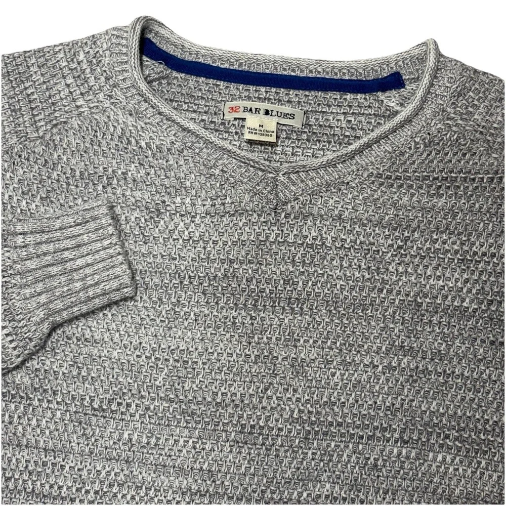 32 Bar Blues Mens Medium Chunky Knit‎ 100% Cotton Heather Gray V-Neck Sweater